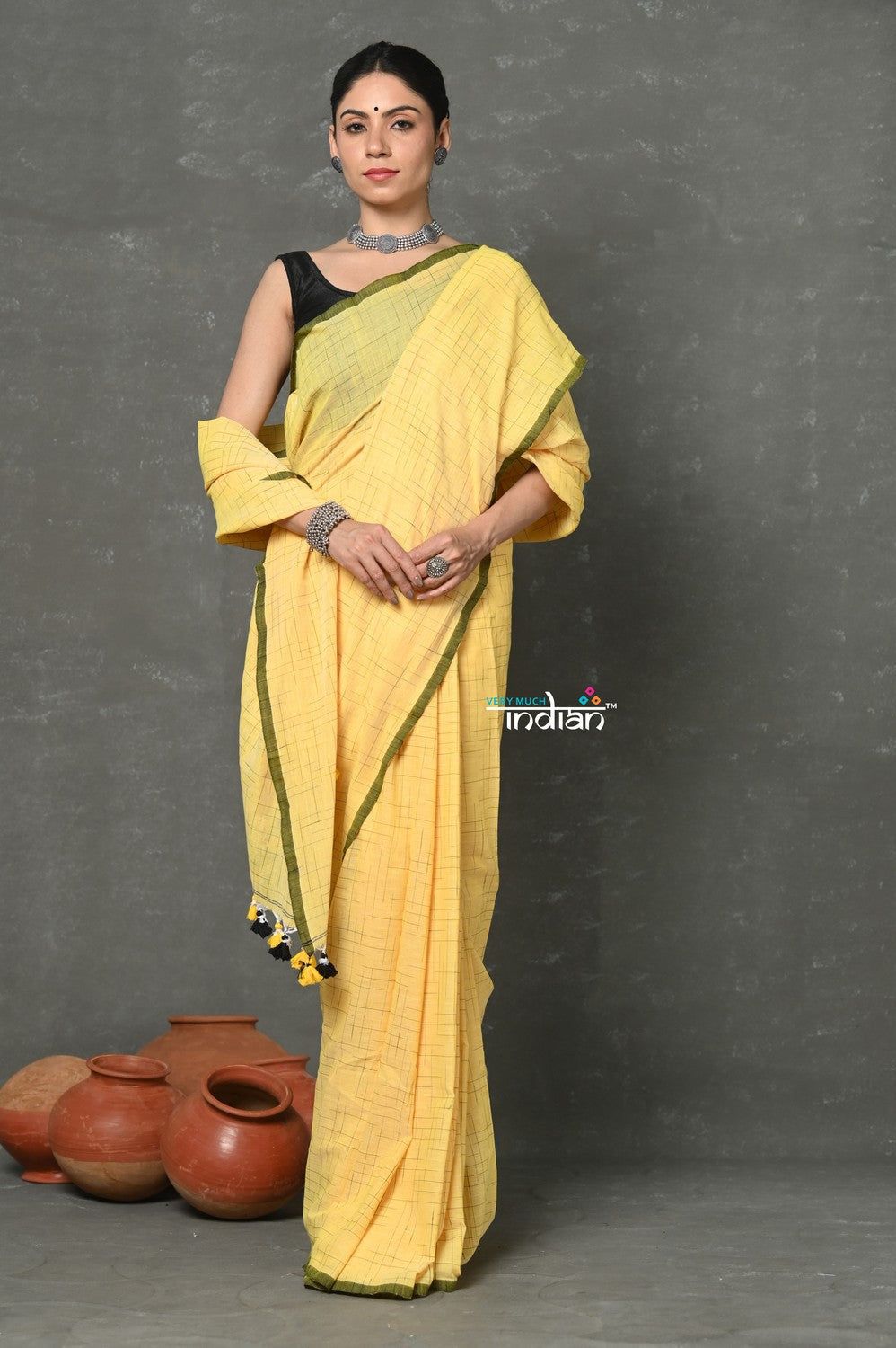 Very Much Indian Mul Cotton Khadi Design Handloom Woven Saree - Yellow