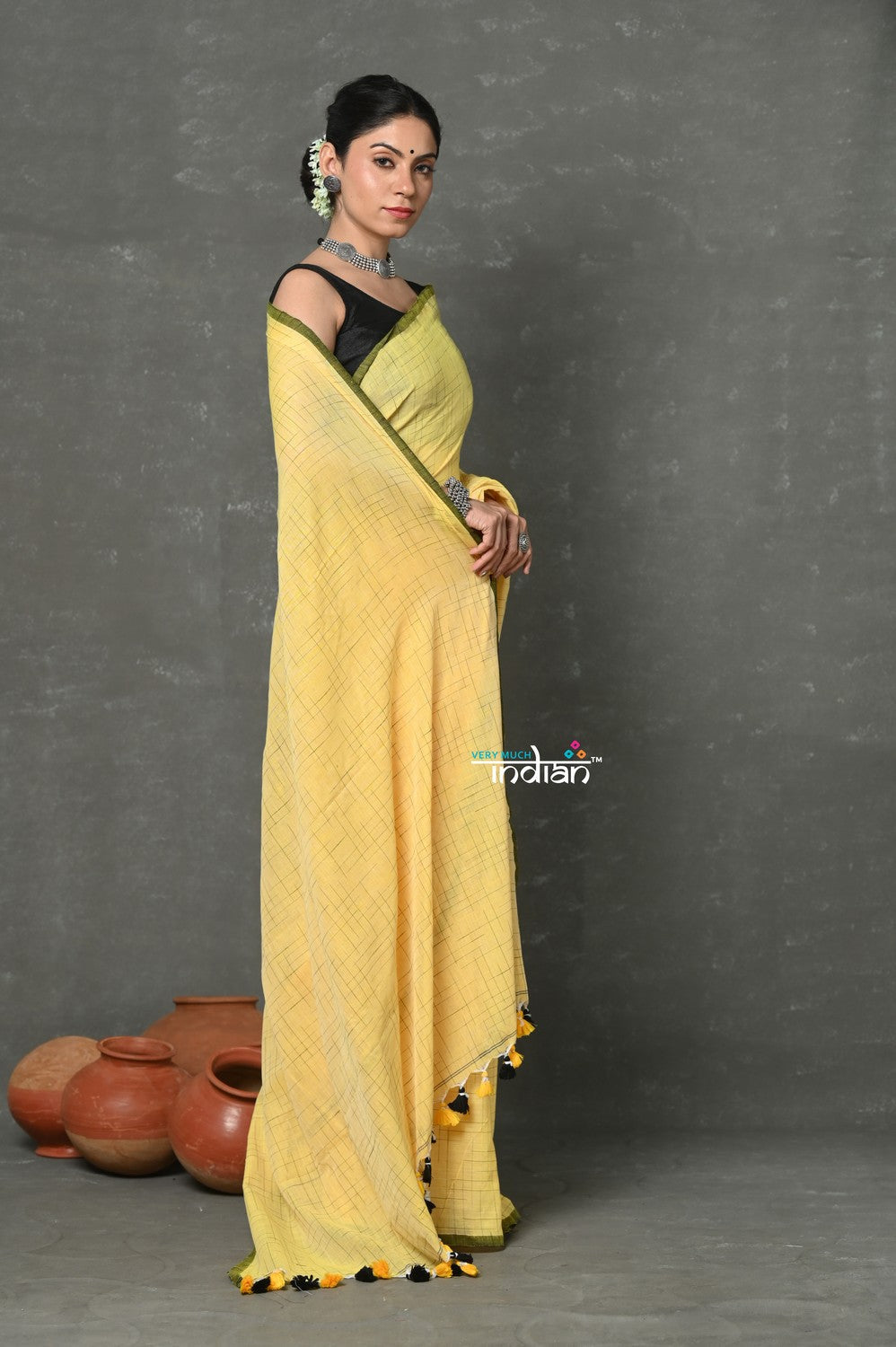 Very Much Indian Mul Cotton Khadi Design Handloom Woven Saree - Yellow