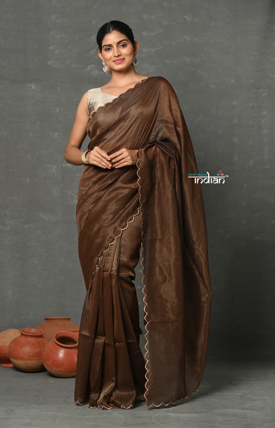Very Much Indian Mul Cotton Zari Design Handloom Woven Saree - Brown