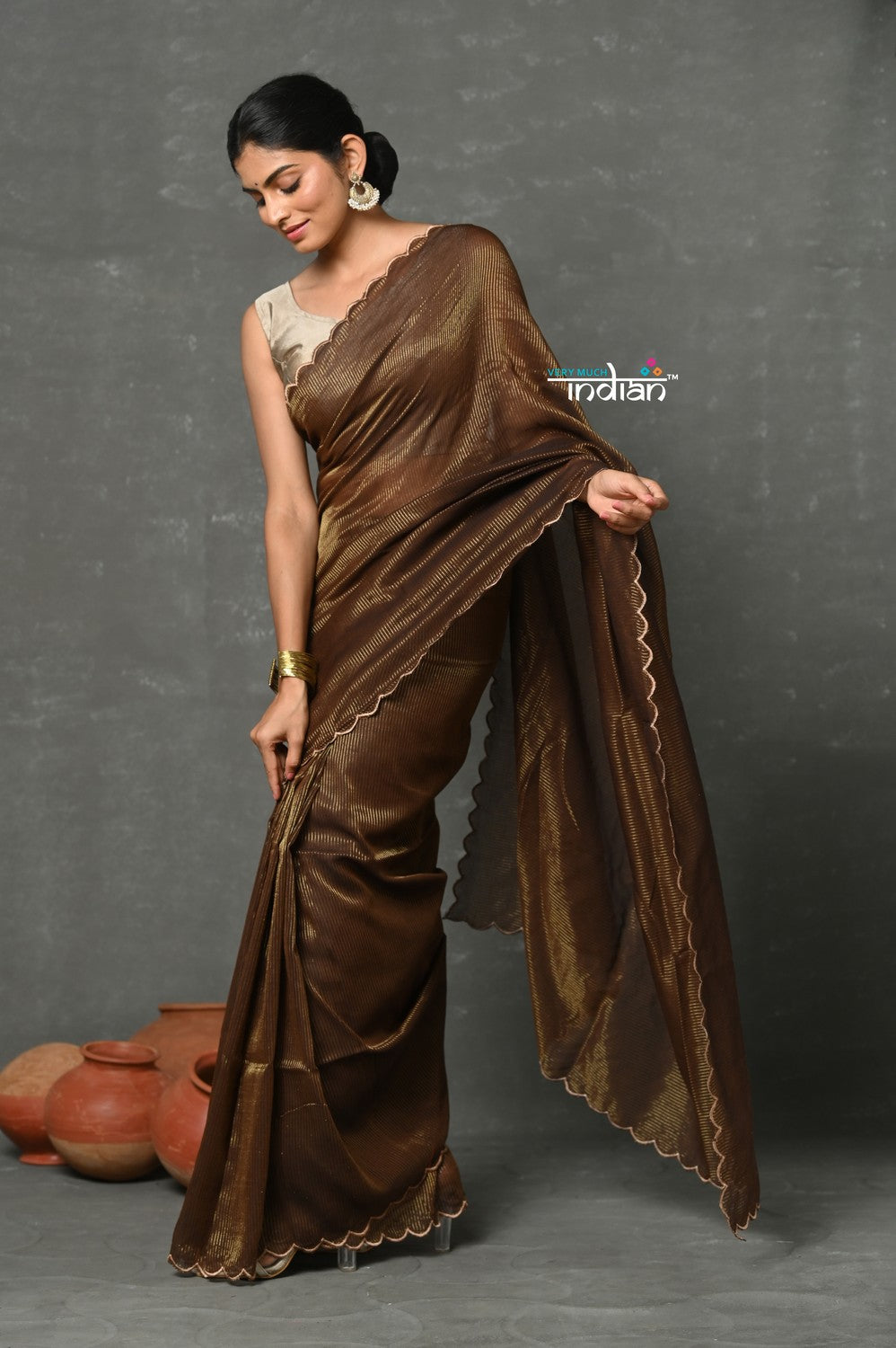 Very Much Indian Tyohaar - Mul Cotton Zari Design Handloom Woven Saree - Brown