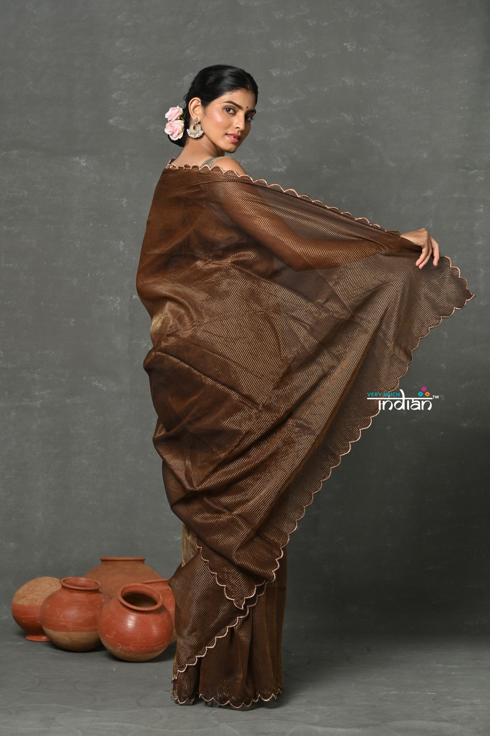 Very Much Indian Tyohaar - Mul Cotton Zari Design Handloom Woven Saree - Brown