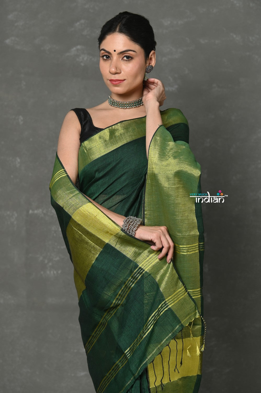 Very Much Indian Handloom Pure Cotton Linen Saree With Golden Border - Green