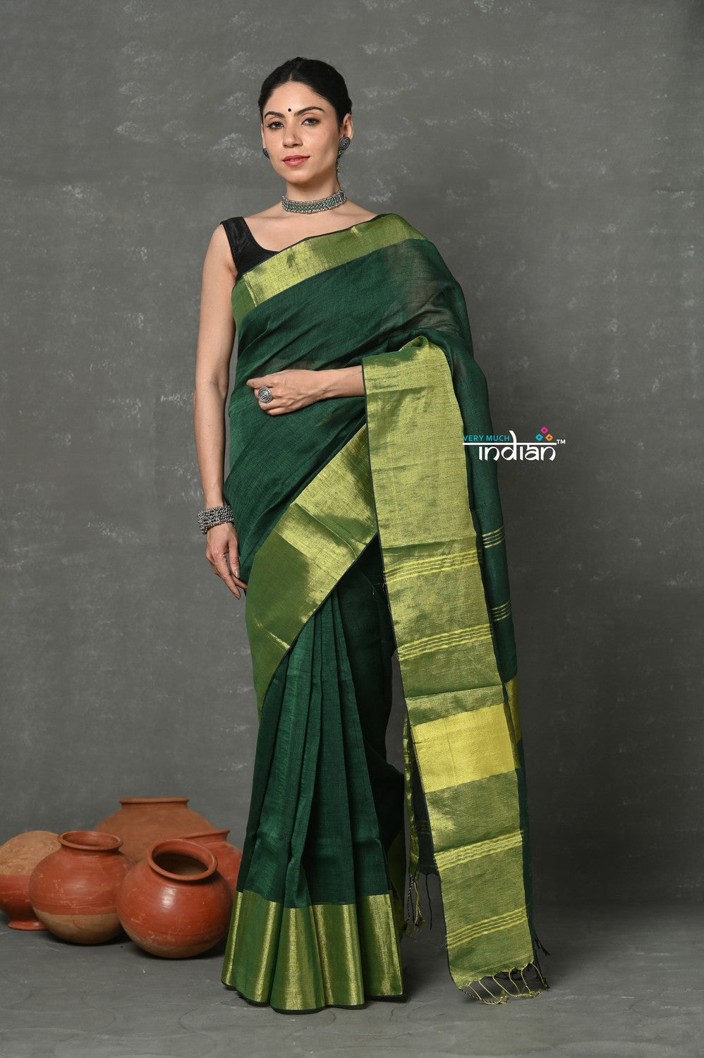 Very Much Indian Handloom Pure Cotton Linen Saree With Golden Border - Green
