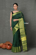 Very Much Indian Handloom Pure Cotton Linen Saree With Golden Border - Green