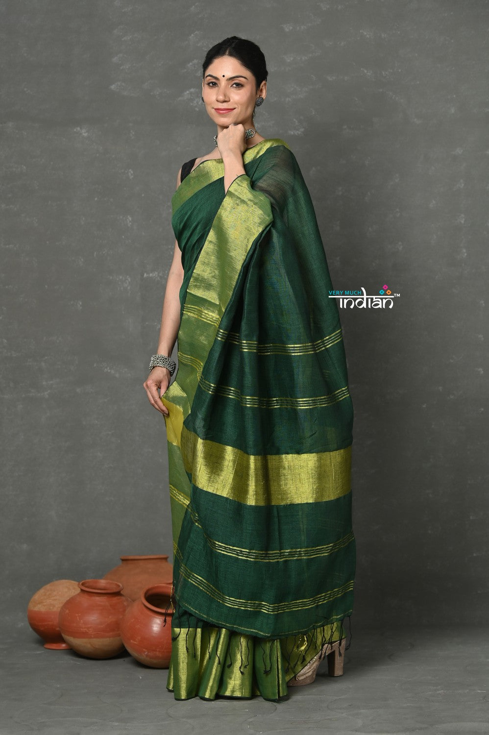 Very Much Indian Handloom Pure Cotton Linen Saree With Golden Border - Green