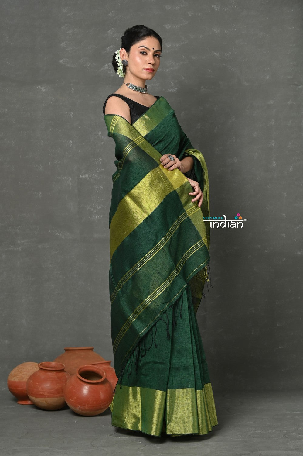 Very Much Indian Handloom Pure Cotton Linen Saree With Golden Border - Green