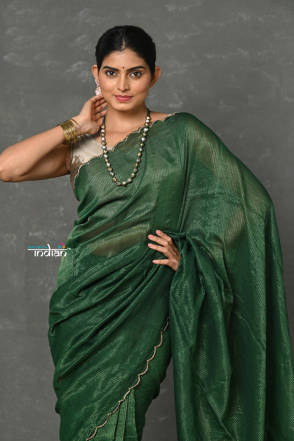 Very Much Indian Tyohaar - Mul Cotton Zari Design Handloom Woven Saree - Dark Green