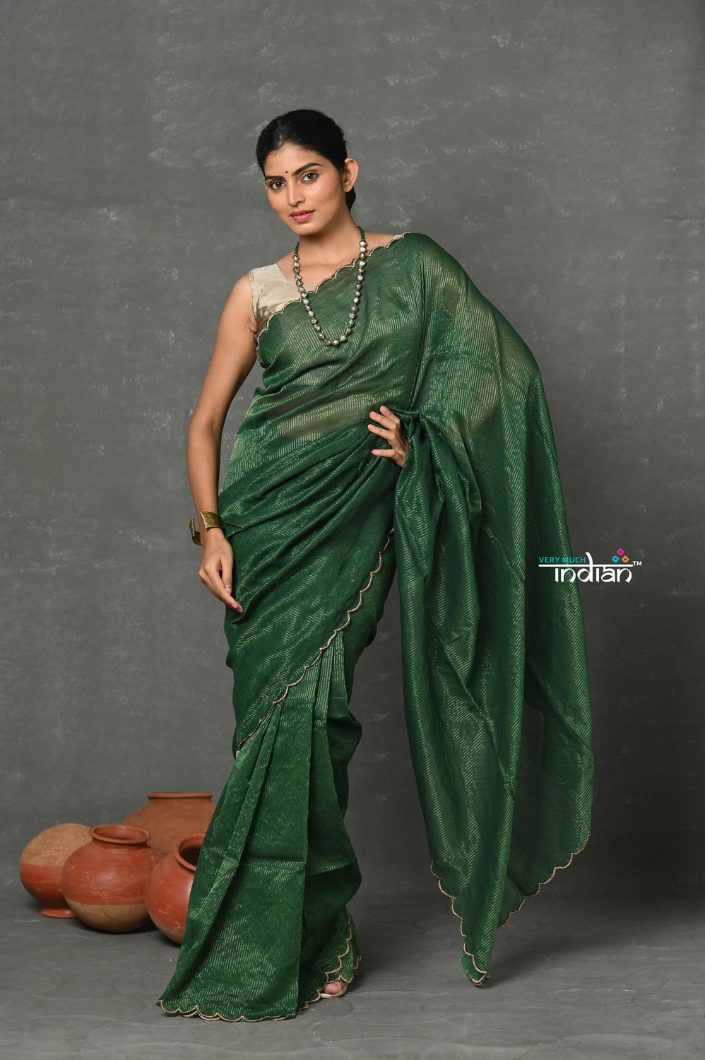 Very Much Indian Mul Cotton Zari Design Handloom Woven Saree - Dark Green