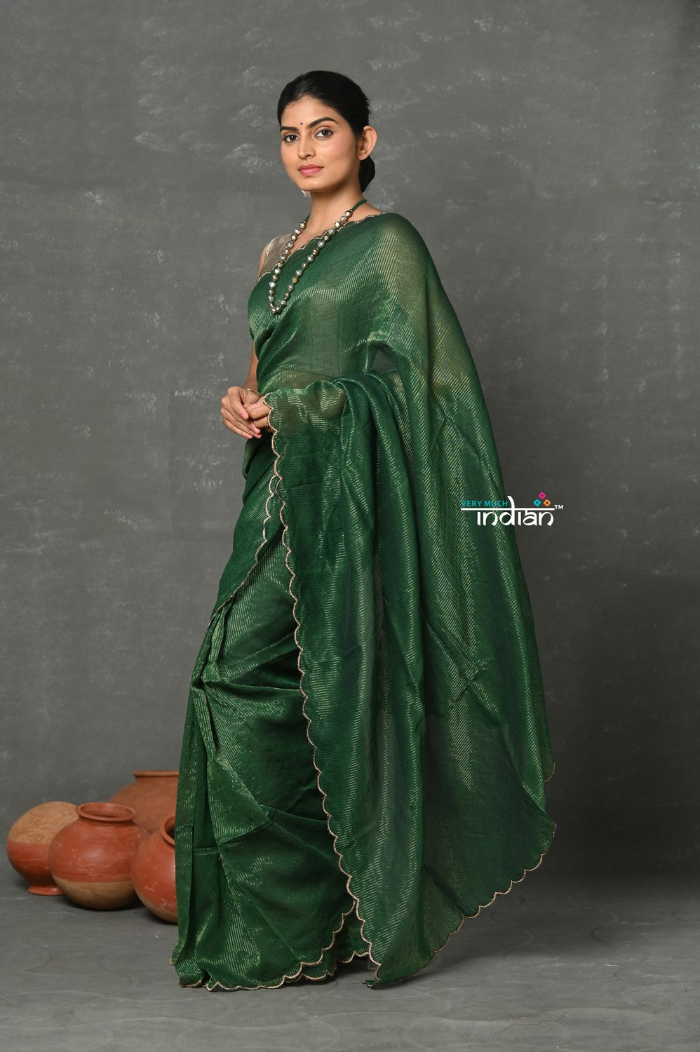 Very Much Indian Mul Cotton Zari Design Handloom Woven Saree - Dark Green