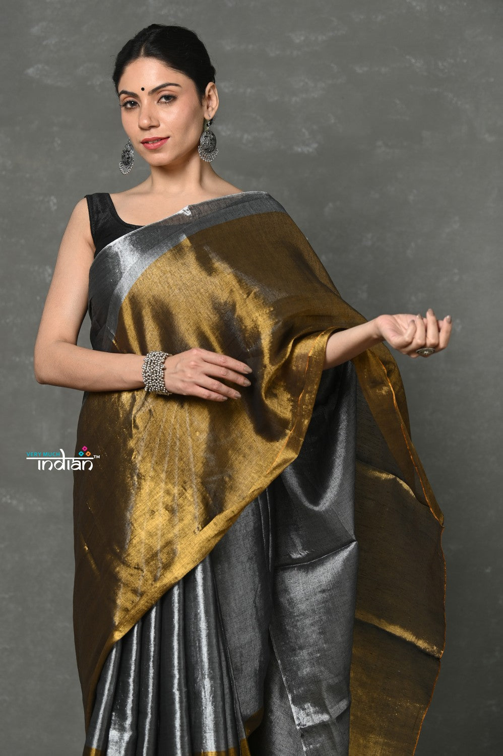 Very Much Indian Fusion Cotton Tissue Shimmer Saree - Silver and Gold