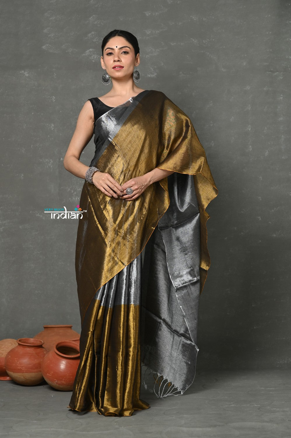 Very Much Indian Tyohaar - Fusion Cotton Tissue Shimmer Saree - Silver and Gold