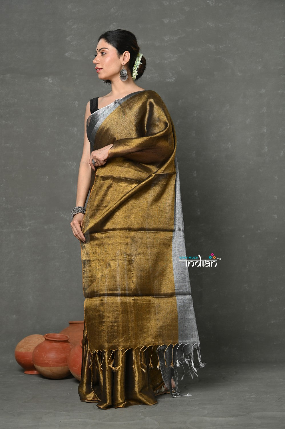 Very Much Indian Fusion Cotton Tissue Shimmer Saree - Silver and Gold
