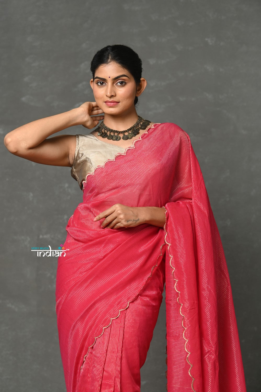 Very Much Indian Tyohaar - Mul Cotton Zari Design Handloom Woven Saree - Rani Pink
