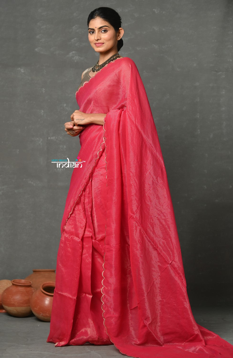 Very Much Indian Tyohaar - Mul Cotton Zari Design Handloom Woven Saree - Rani Pink