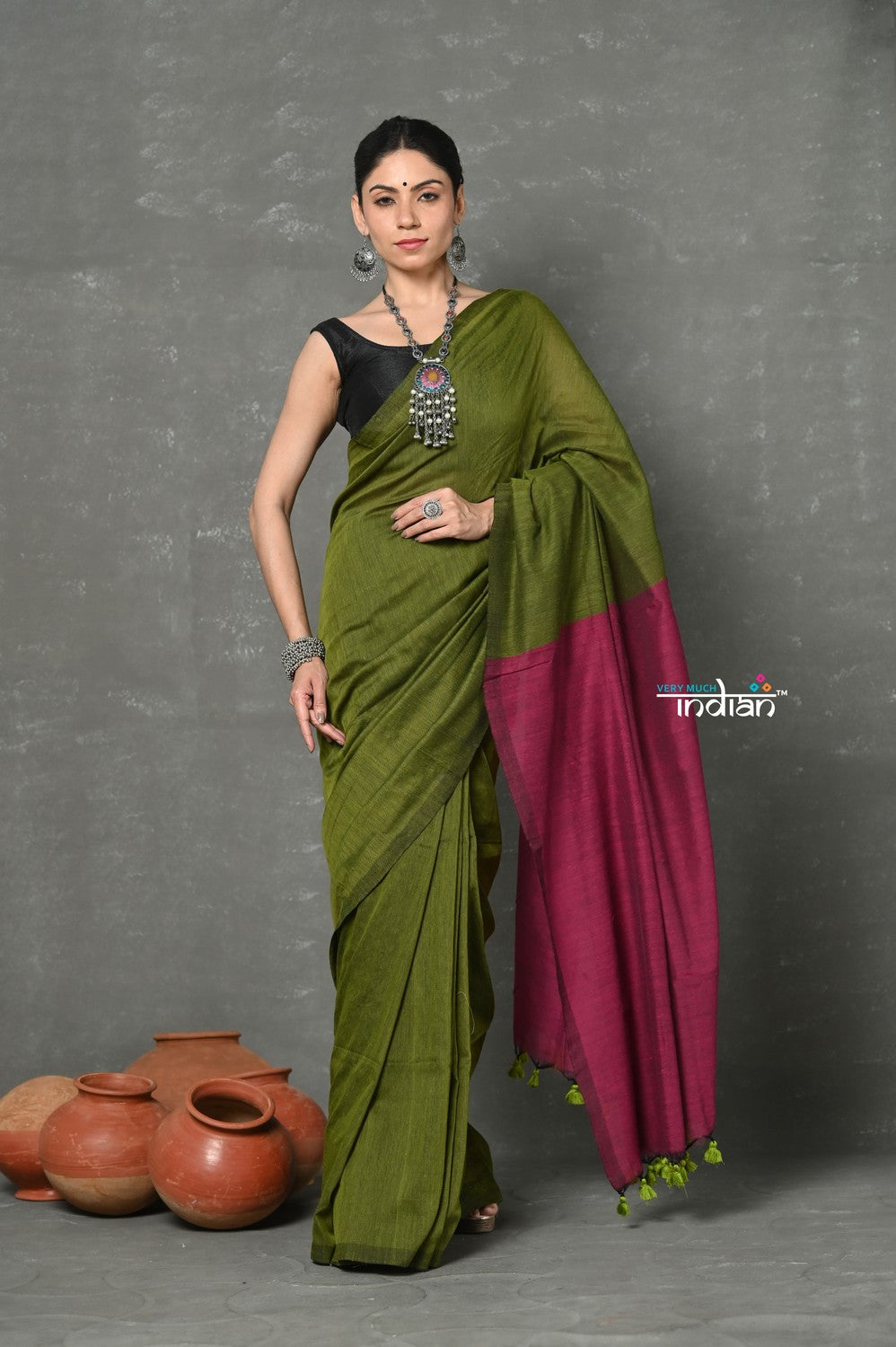 Very Much Indian Tyohaar - Pure Mul Cotton Handloom Saree - Mehendi Green