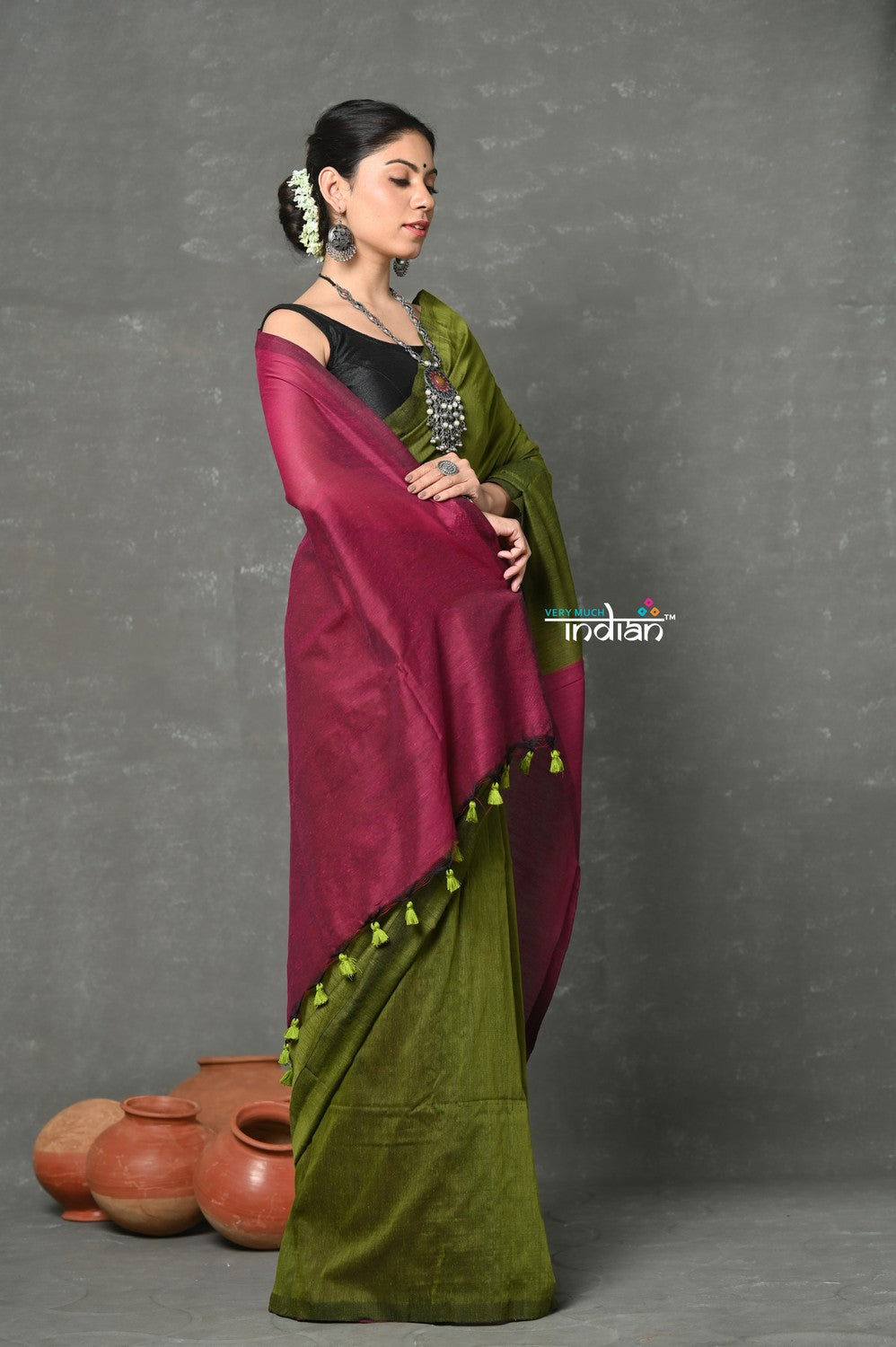 Very Much Indian Tyohaar - Pure Mul Cotton Handloom Saree - Mehendi Green