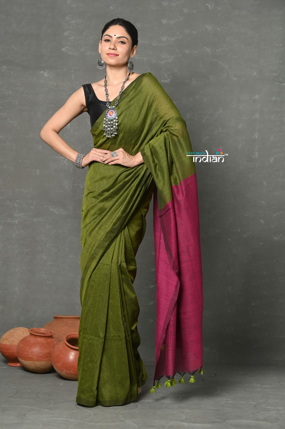 Very Much Indian Tyohaar - Pure Mul Cotton Handloom Saree - Mehendi Green