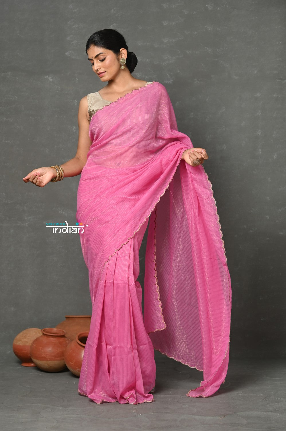 Very Much Indian Tyohaar - Mul Cotton Zari Design Handloom Woven Saree - Heather Pink