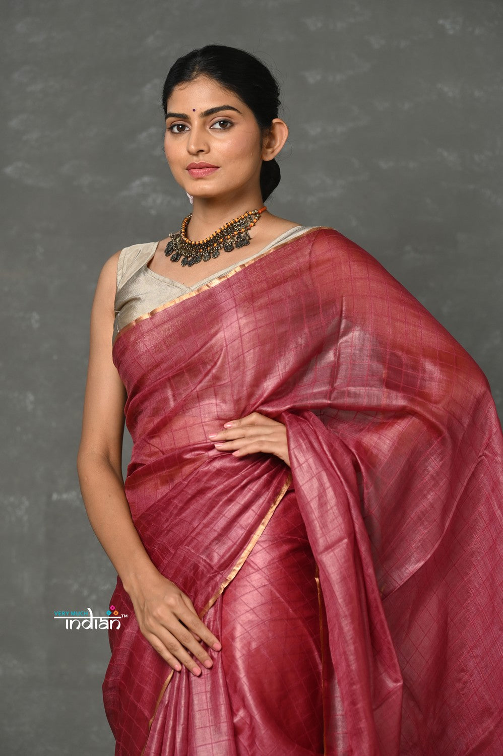 Very Much Indian Tyohaar - Pure Handloom Tussar Silk Saree With Sleek Golden Border - Copper Red