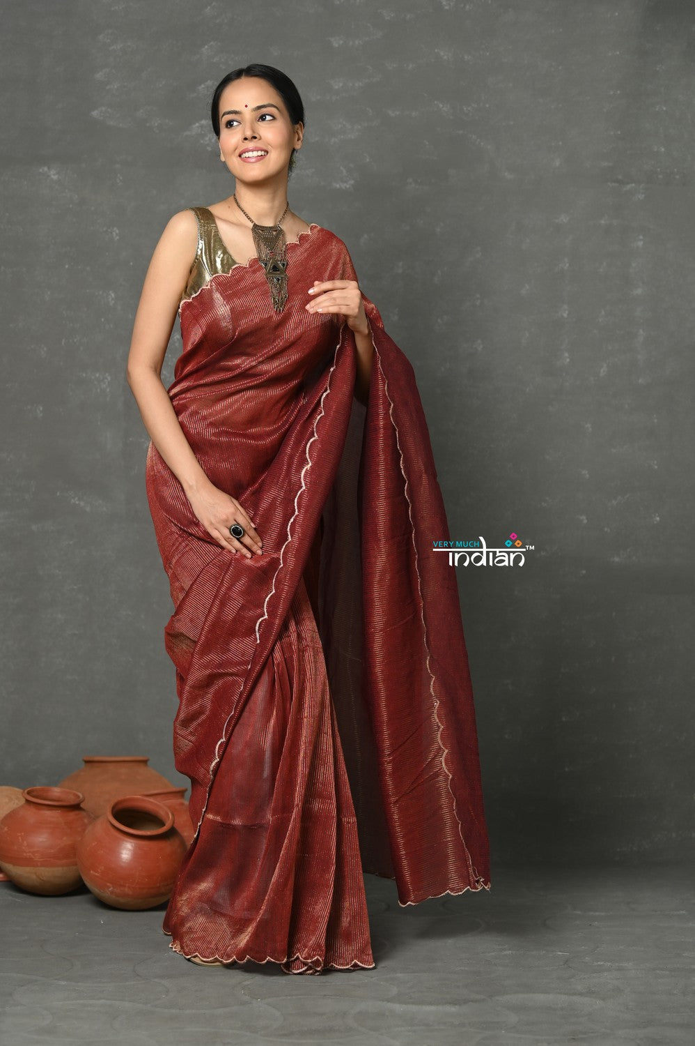 Very Much Indian Tyohaar - Mul Cotton Zari Design Handloom Woven Saree - Maroon