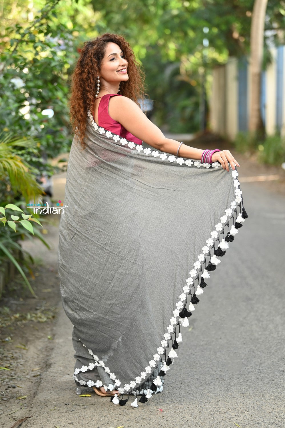 Very Much Indian Taapsee - Designer! Pure Mul Cotton Saree with Sleek Border - Salient Grey