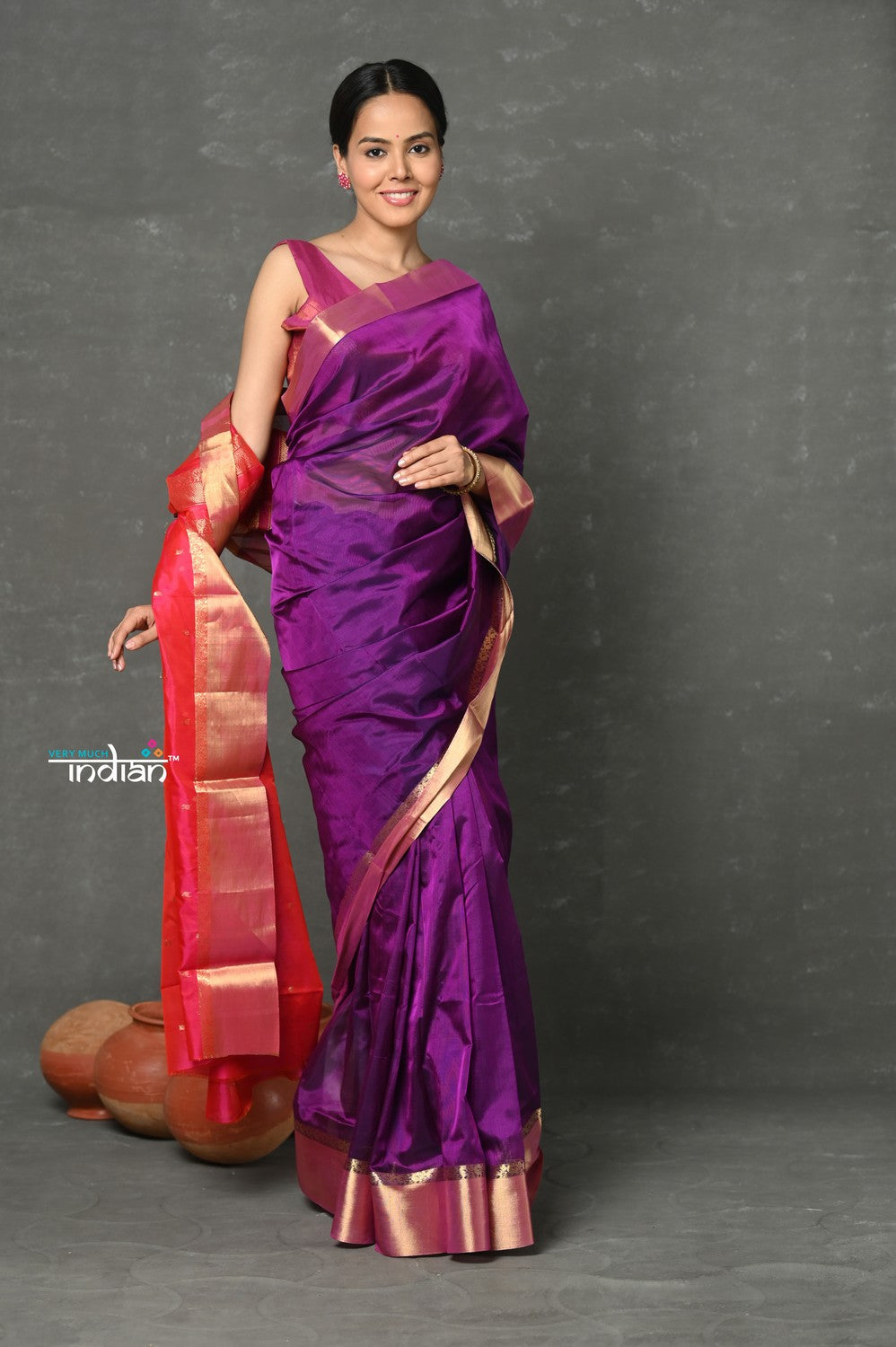 Very Much Indian Handloom Pure Cotton Silk Saree With Golden Border - Purple Pink