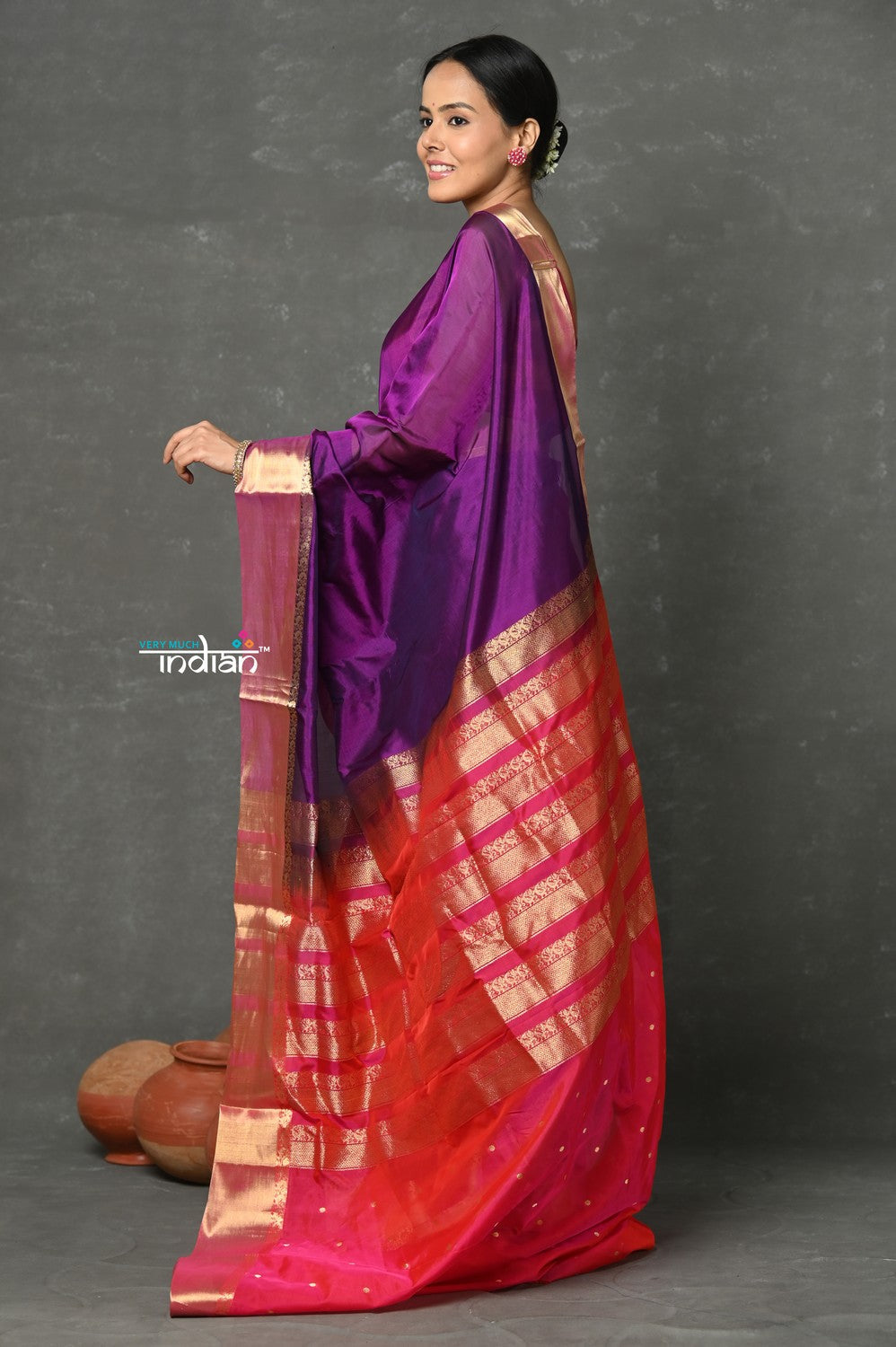 Very Much Indian Tyohaar - Handloom Pure Chanderi Cotton Silk Saree With Golden Border - Purple Pink