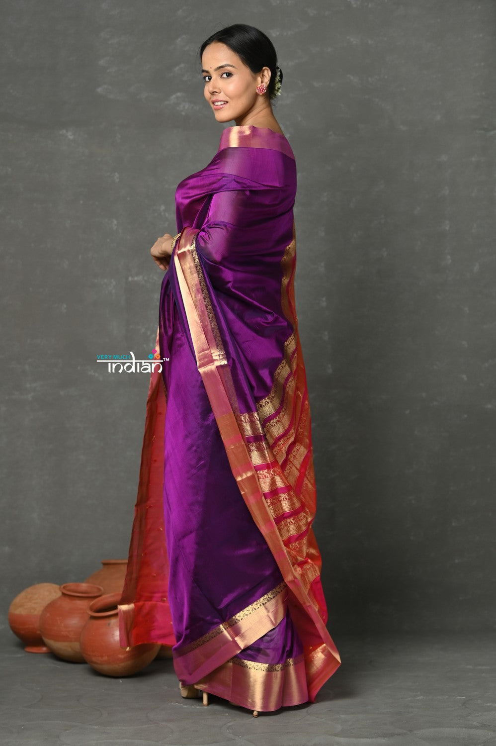 Very Much Indian Handloom Pure Cotton Silk Saree With Golden Border - Purple Pink