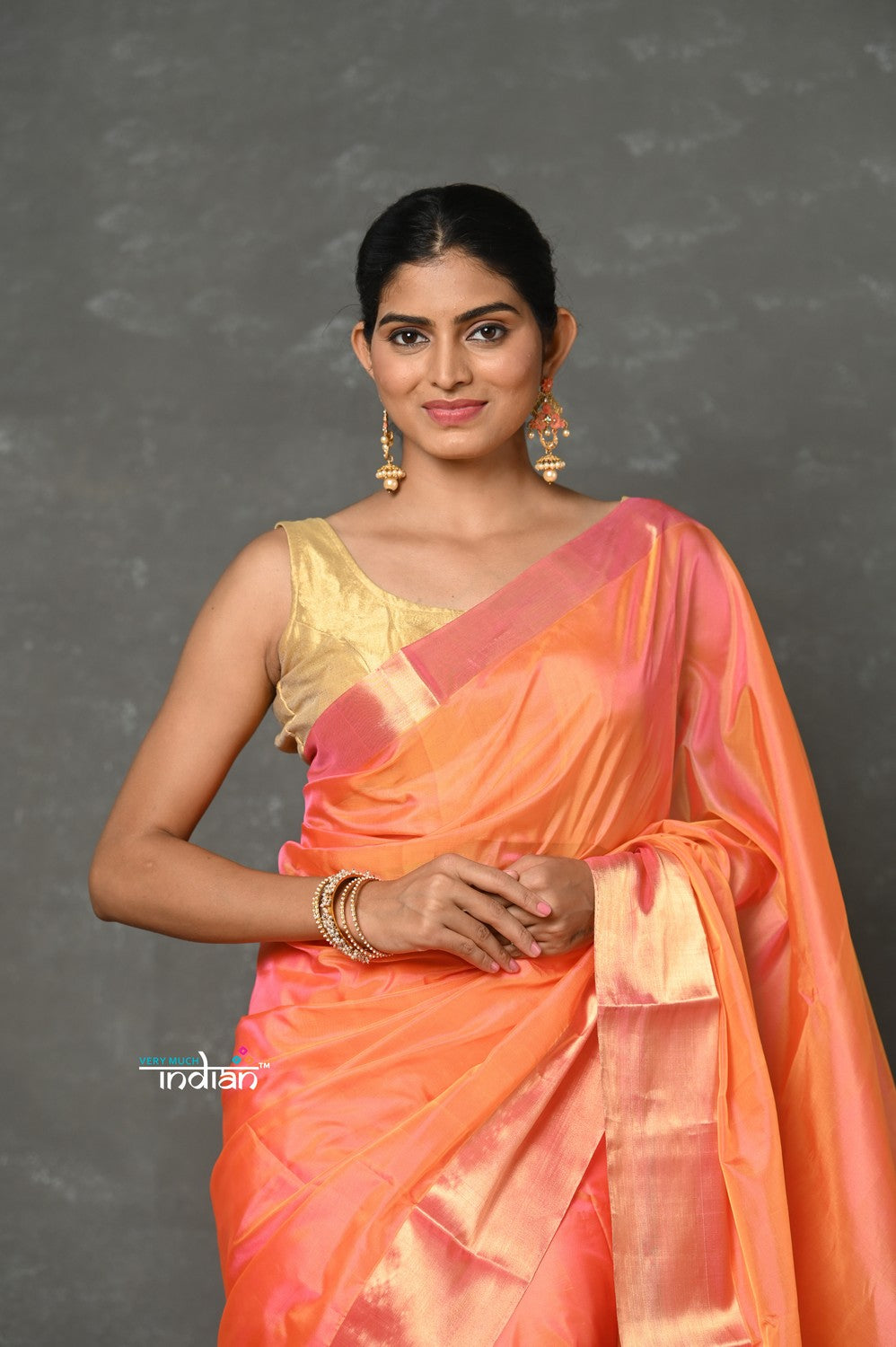 Very Much Indian Tyohaar - Handloom Pure Chanderi Cotton Silk Saree With Golden Border - Peach
