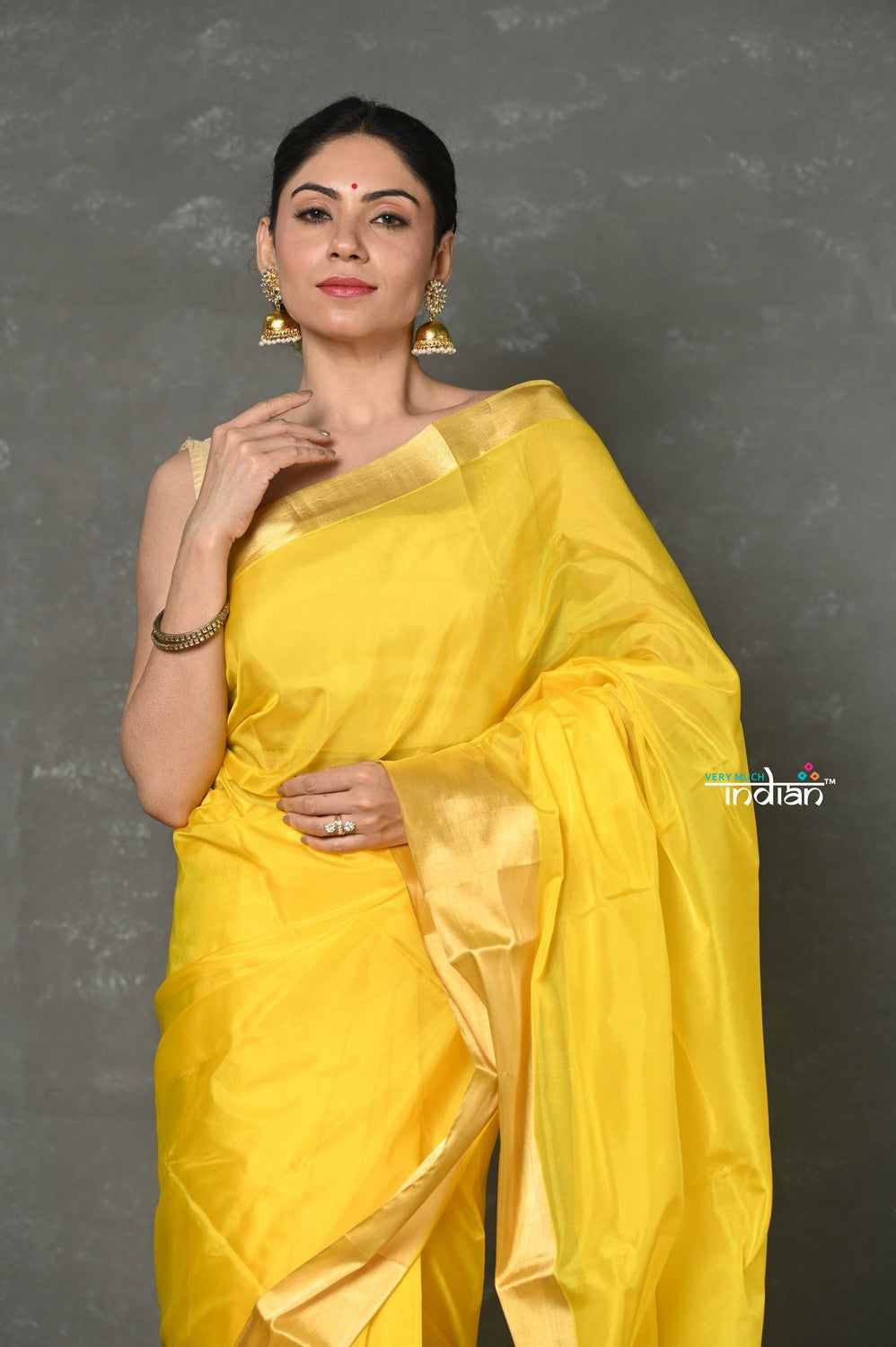 Very Much Indian Tyohaar - Handloom Pure Chanderi Cotton Silk Saree With Golden Border - Yellow