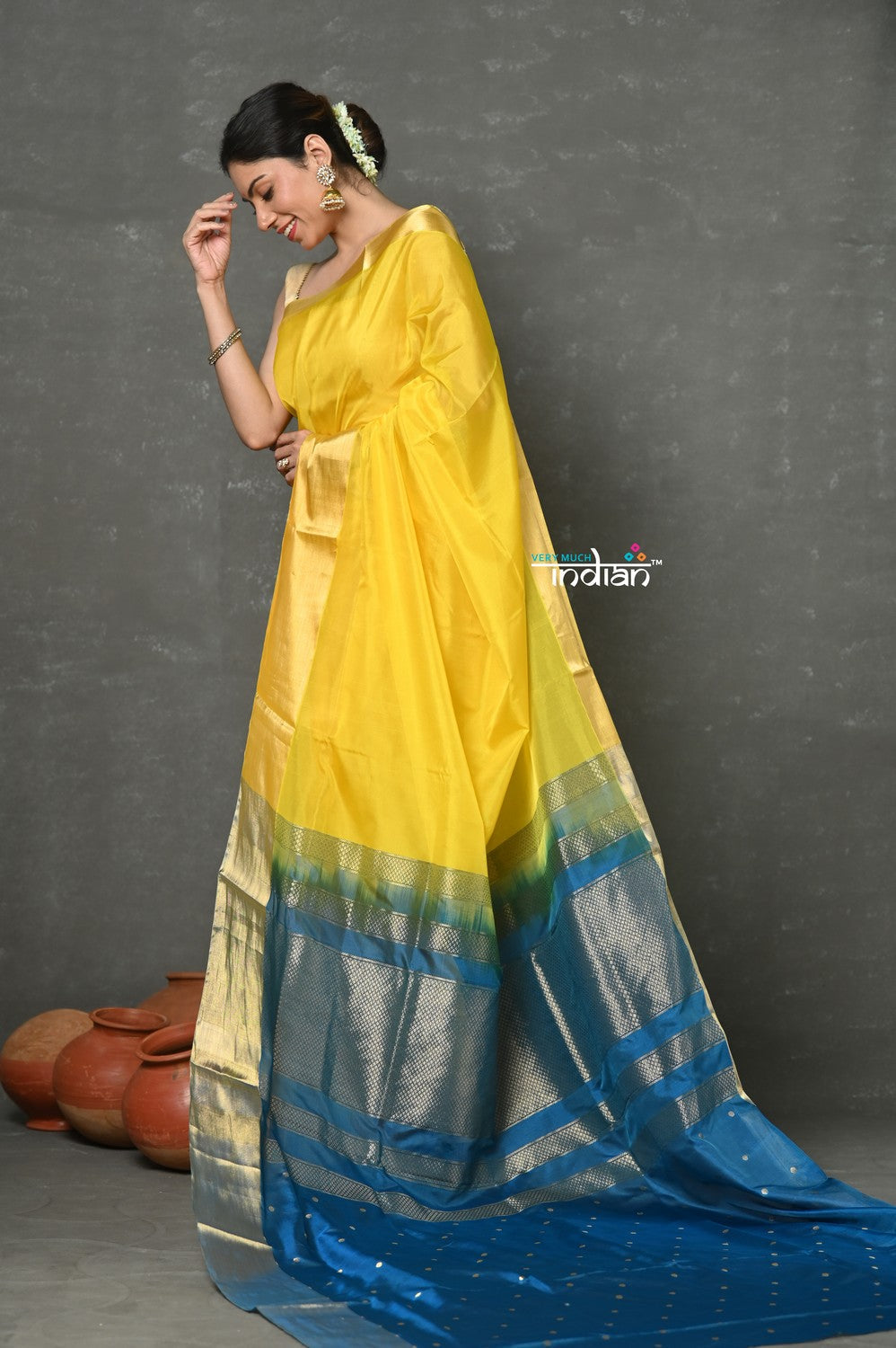 Very Much Indian Tyohaar - Handloom Pure Chanderi Cotton Silk Saree With Golden Border - Yellow