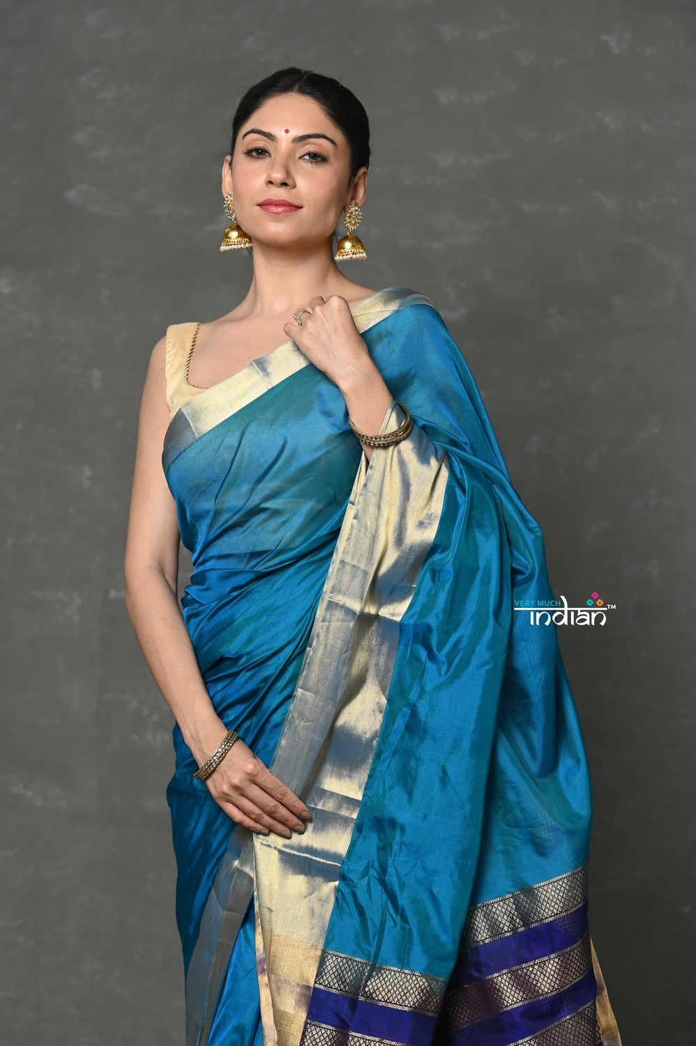 Very Much Indian Handloom Pure Cotton Silk Saree With Golden Border - Blue