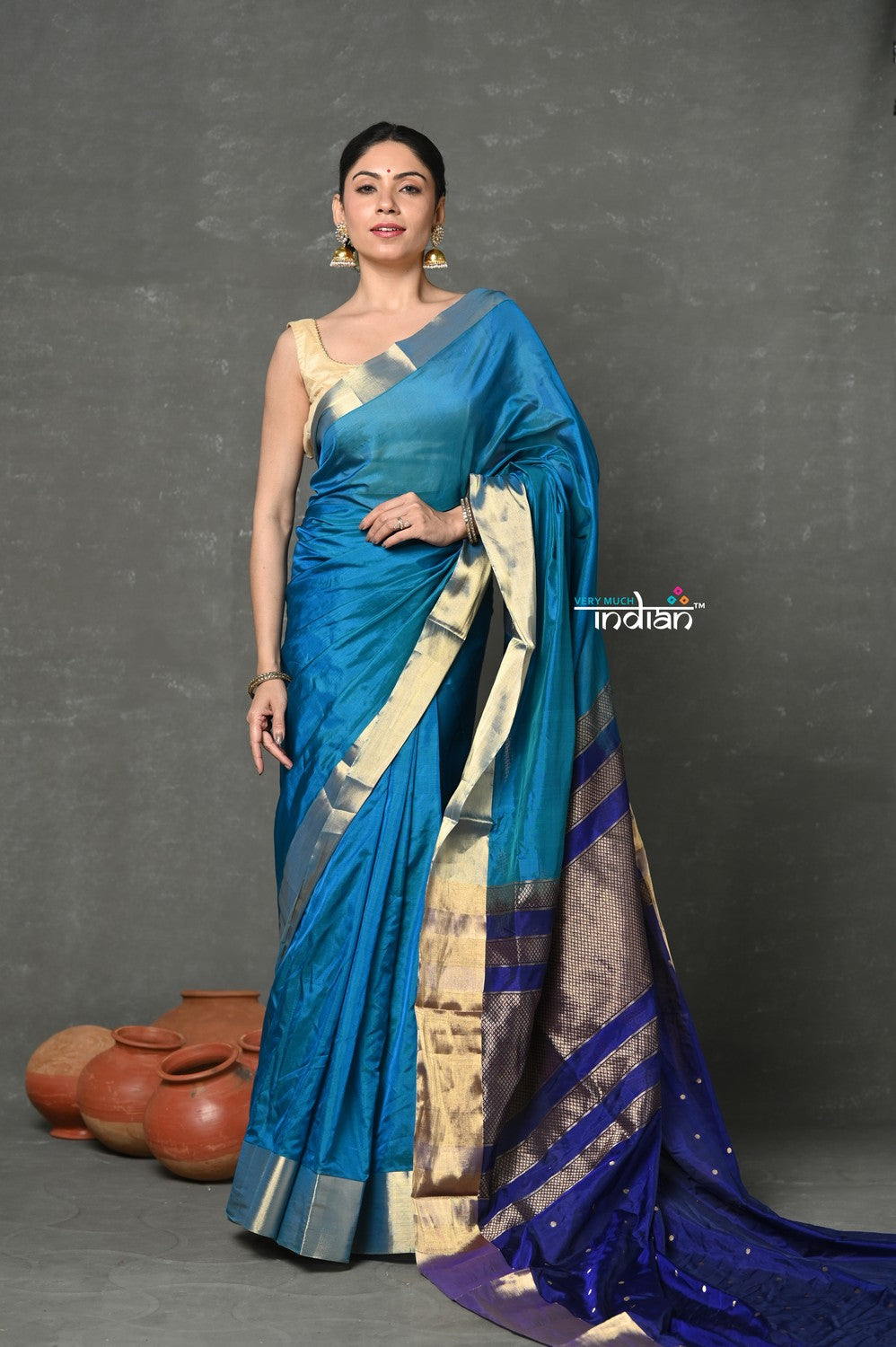 Very Much Indian Tyohaar - Handloom Pure Chanderi Cotton Silk Saree With Golden Border - Blue