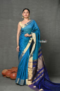 Very Much Indian Tyohaar - Handloom Pure Chanderi Cotton Silk Saree With Golden Border - Blue