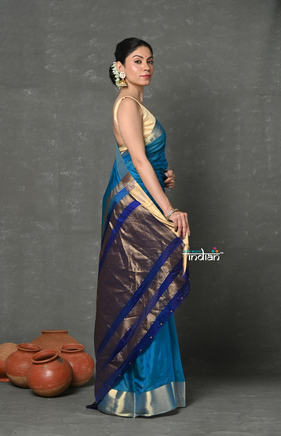 Very Much Indian Tyohaar - Handloom Pure Chanderi Cotton Silk Saree With Golden Border - Blue