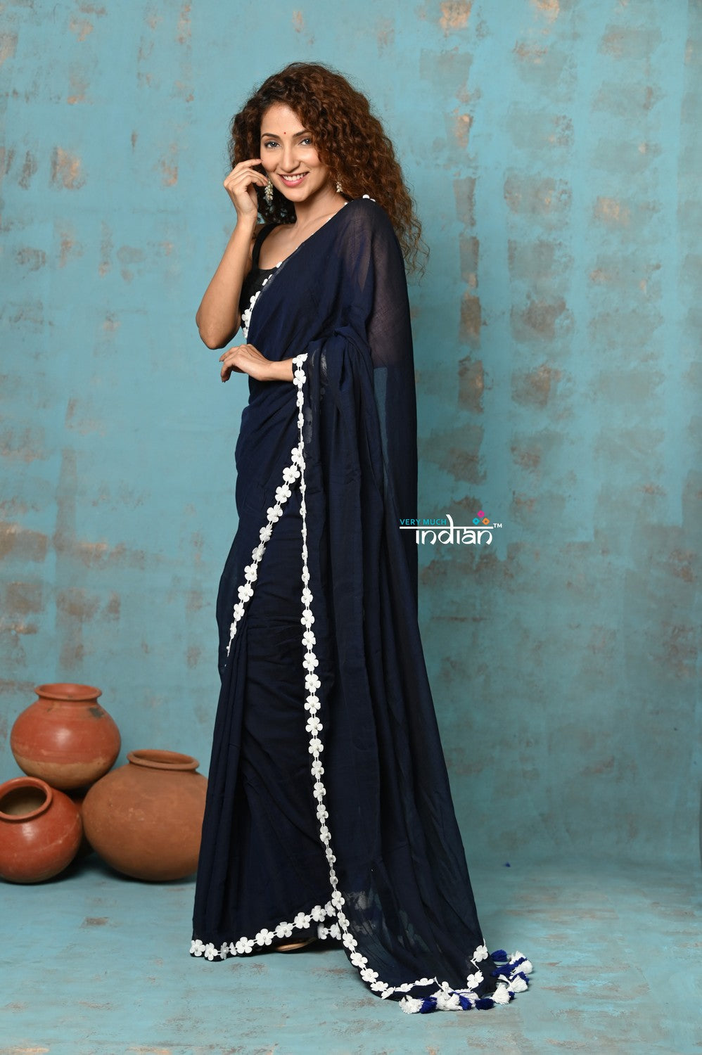 Very Much Indian Taapsee - Designer! Pure Mul Cotton Saree with Sleek Border - Dark Blue