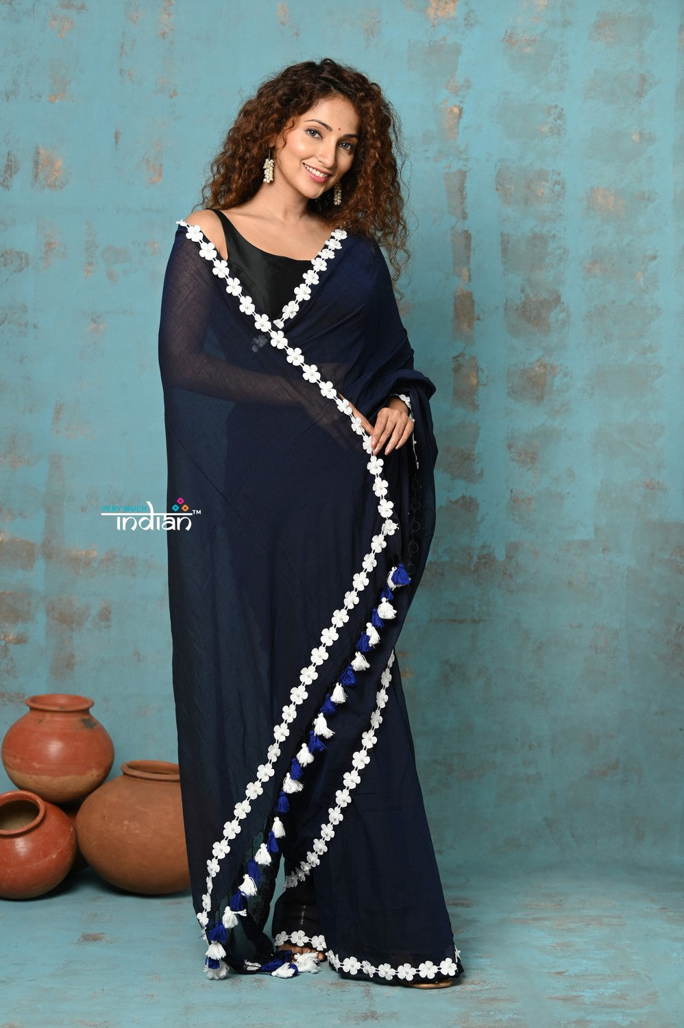 Very Much Indian Taapsee - Designer! Pure Mul Cotton Saree with Sleek Border - Dark Blue