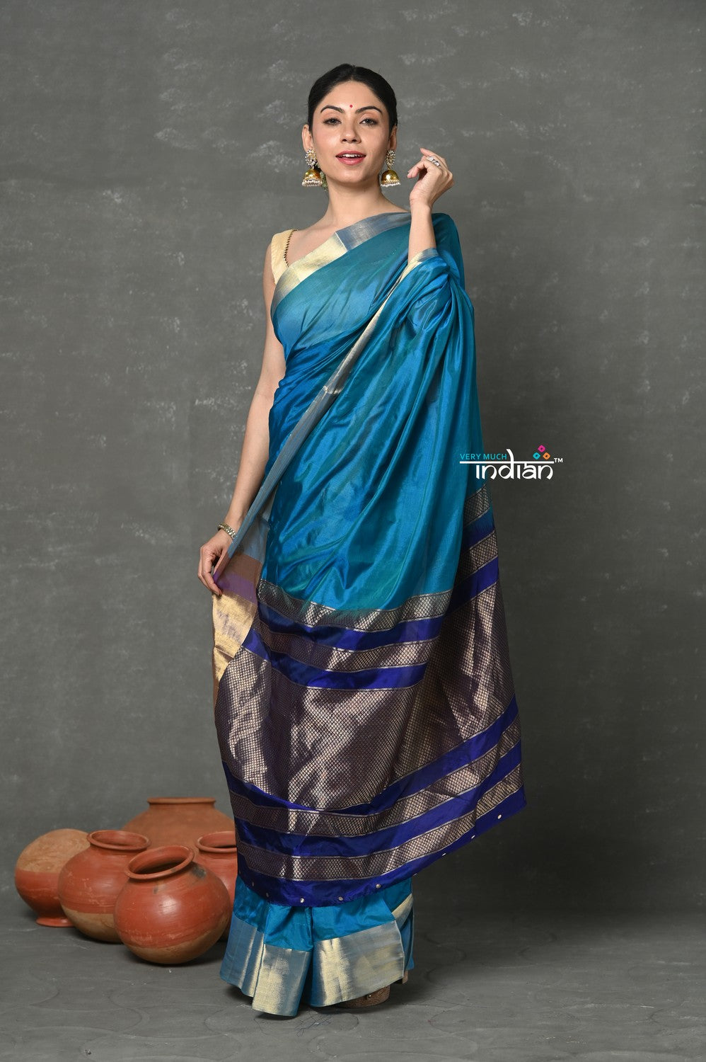Very Much Indian Handloom Pure Cotton Silk Saree With Golden Border - Blue