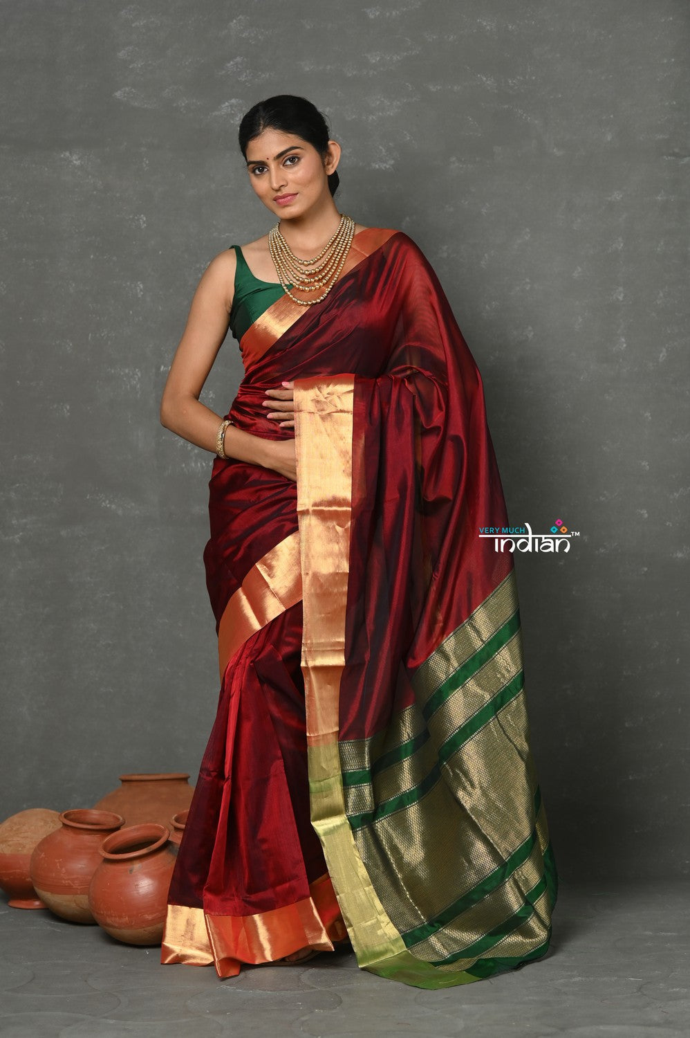 Very Much Indian Handloom Pure Cotton Silk Saree With Golden Border - Maroon