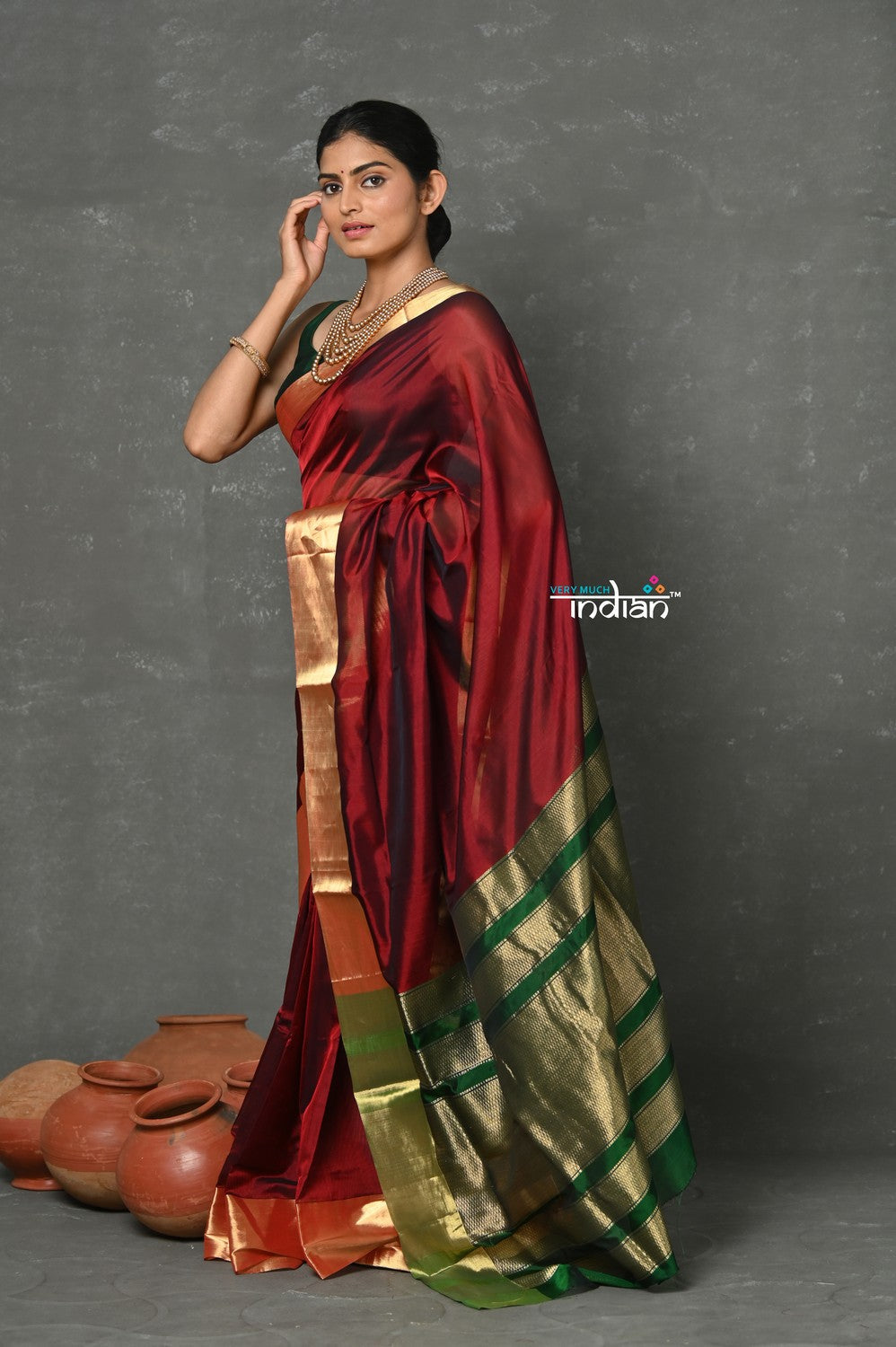 Very Much Indian Tyohaar - Handloom Pure Chanderi Cotton Silk Saree With Golden Border - Maroon