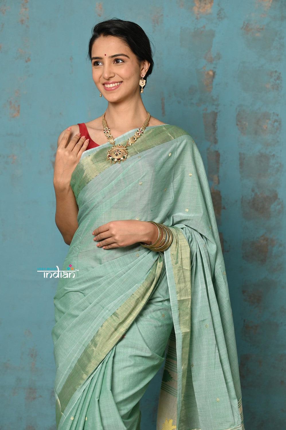 Very Much Indian Tyohaar - Handloom Pure Cotton Paithani With Asawali Pallu - Sea Green