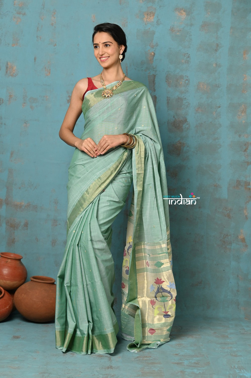 Very Much Indian Tyohaar - Handloom Pure Cotton Paithani With Asawali Pallu - Sea Green