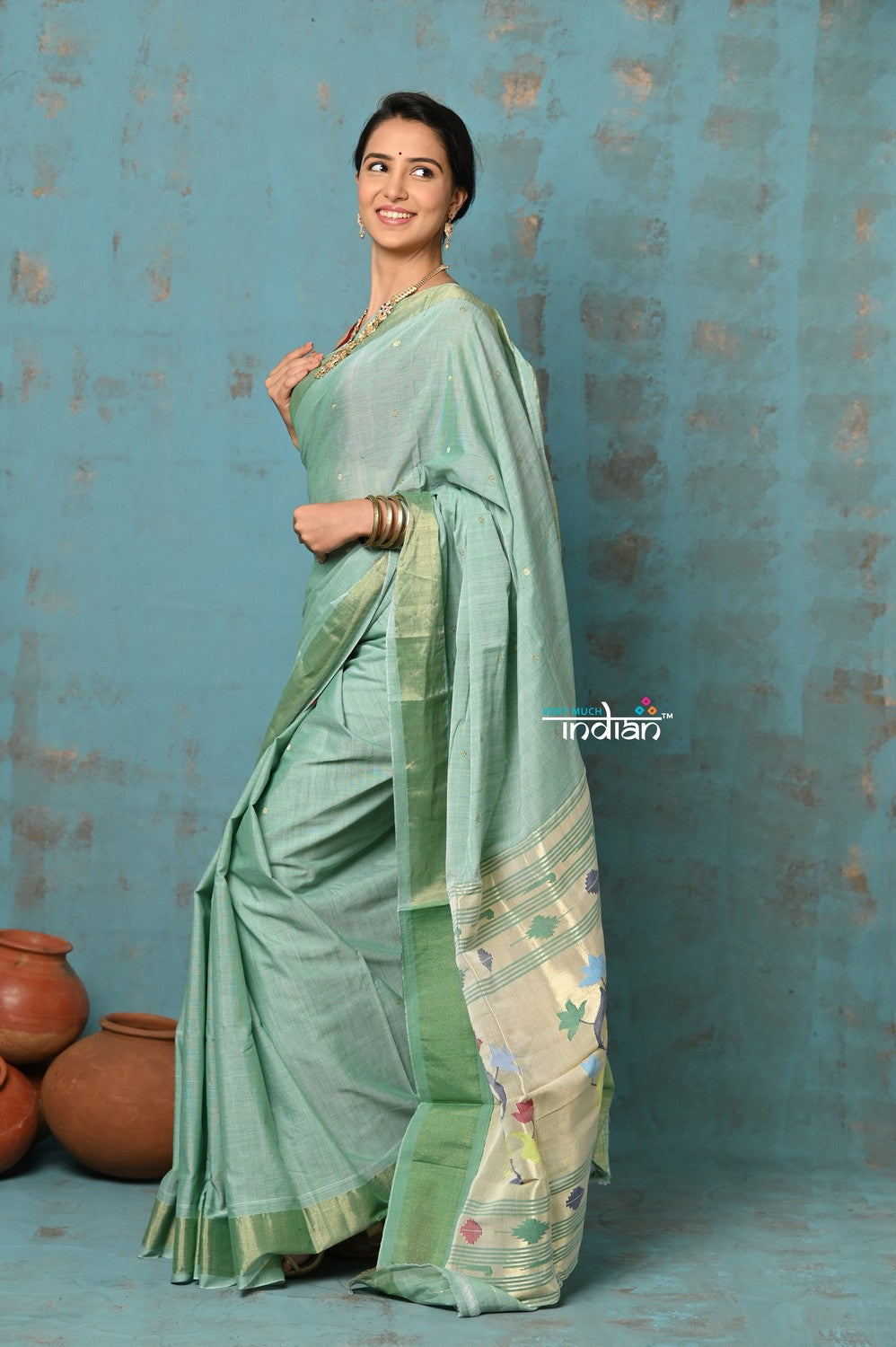 Very Much Indian Tyohaar - Handloom Pure Cotton Paithani With Asawali Pallu - Sea Green