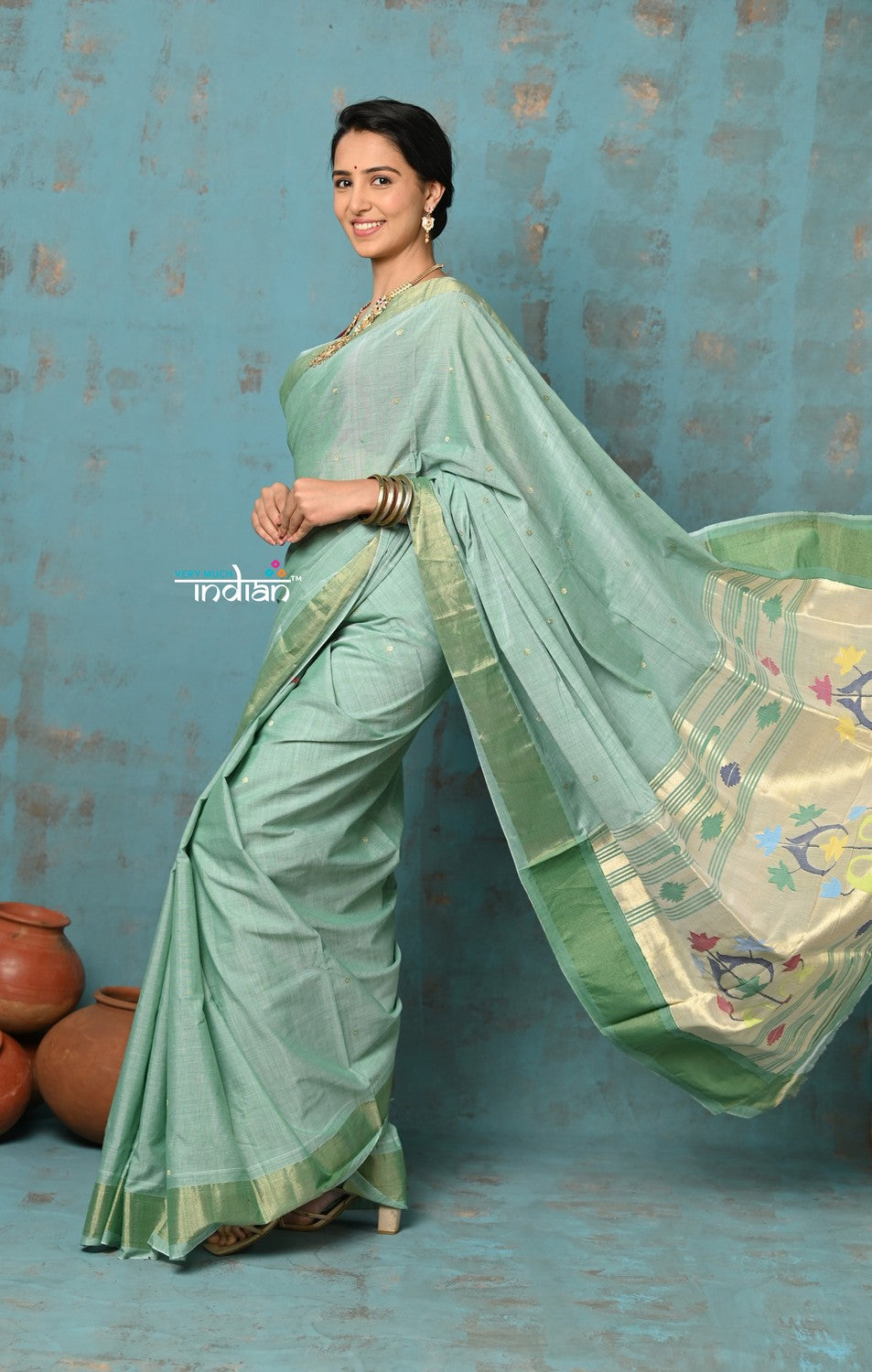 Very Much Indian Tyohaar - Handloom Pure Cotton Paithani With Asawali Pallu - Sea Green