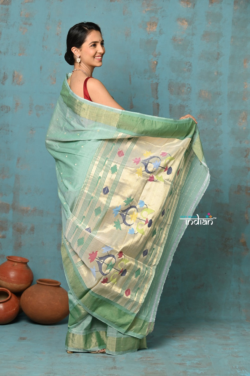 Very Much Indian Tyohaar - Handloom Pure Cotton Paithani With Asawali Pallu - Sea Green