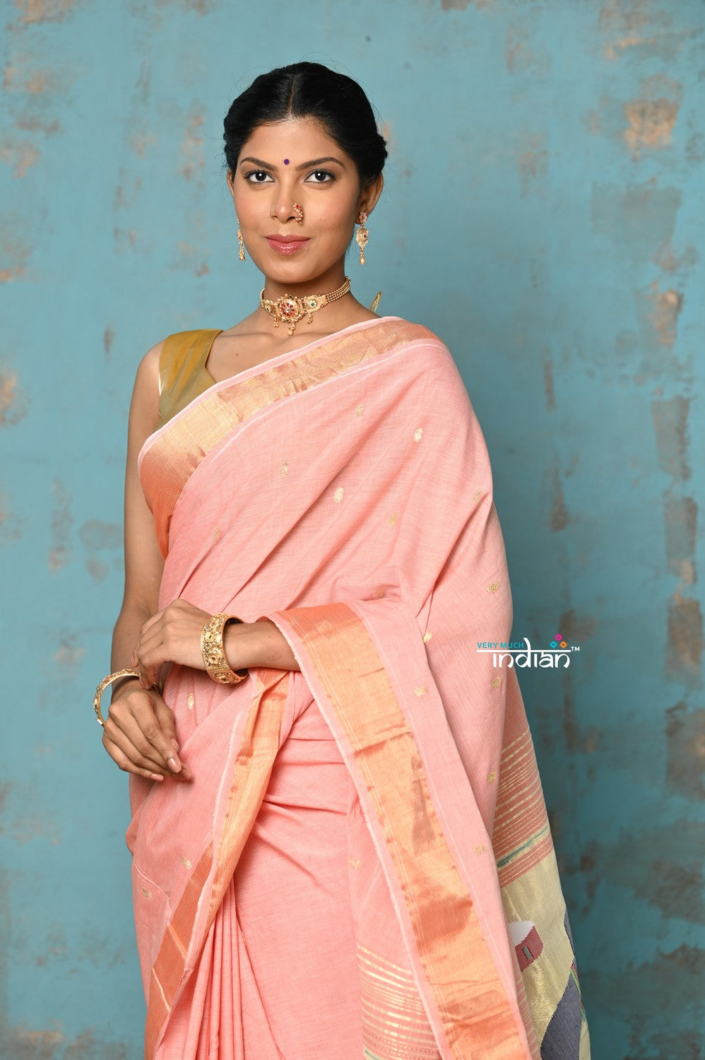 Very Much Indian Tyohaar - Handloom Pure Cotton Paithani With Instrumental Pallu - Peach