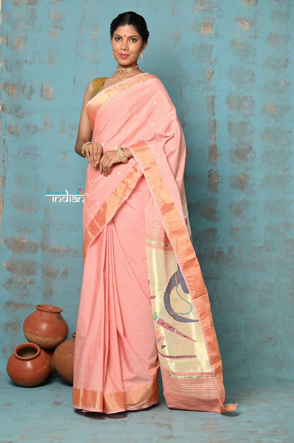 Very Much Indian Tyohaar - Handloom Pure Cotton Paithani With Instrumental Pallu - Peach