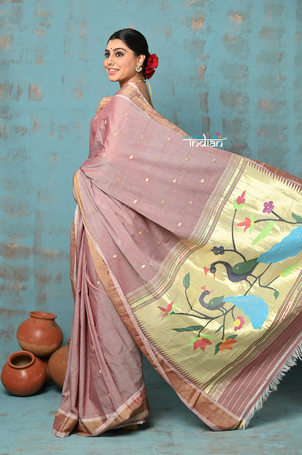 Very Much Indian Tyohaar - Handloom Pure Cotton Paithani With Peacock Pallu - Rose Gold