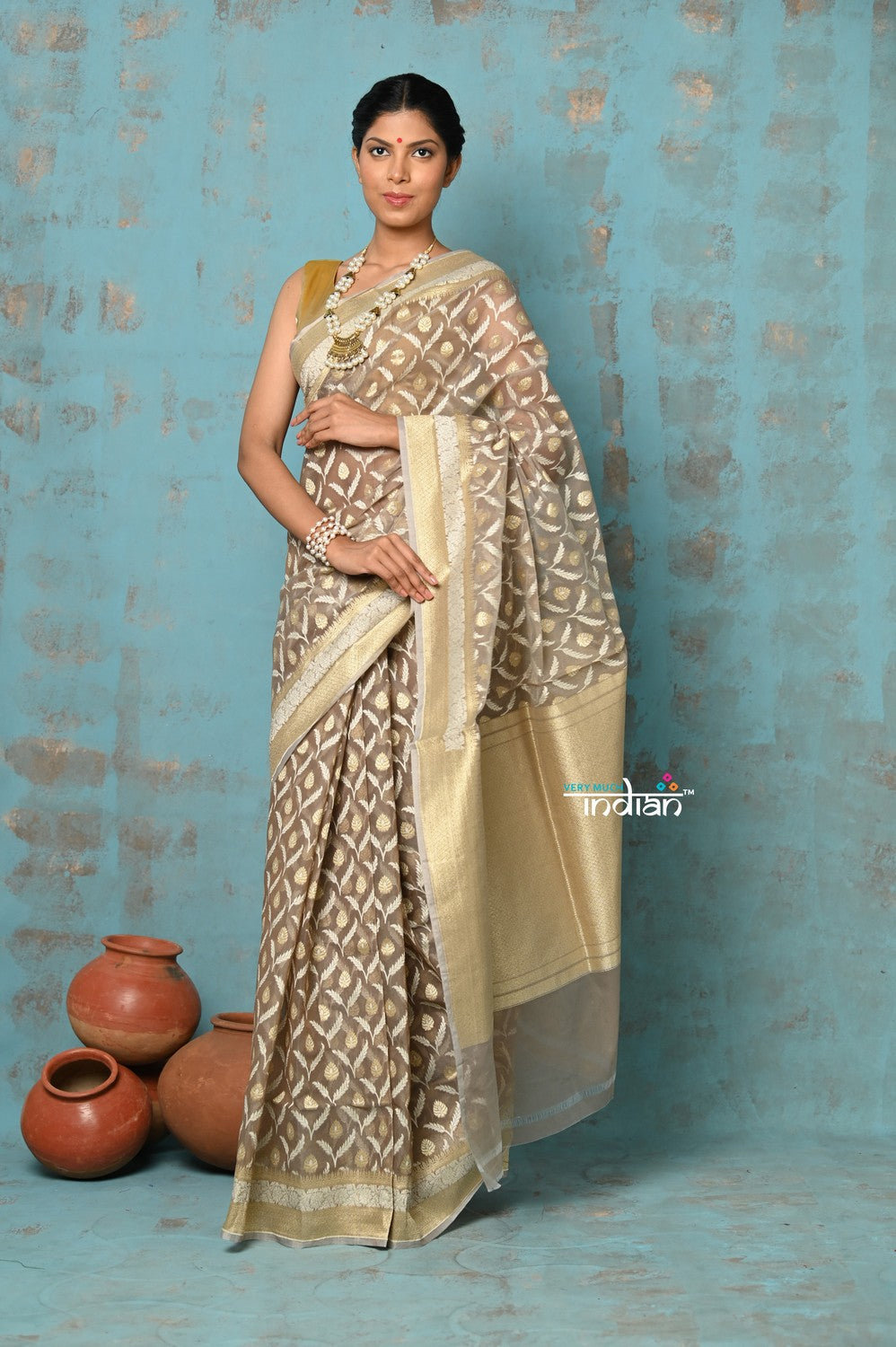 Very Much Indian Tejaswi - Exclusive High Quality Handloom Banarasi Cotton Saree with Beautiful Abstract Print- Warm Slate