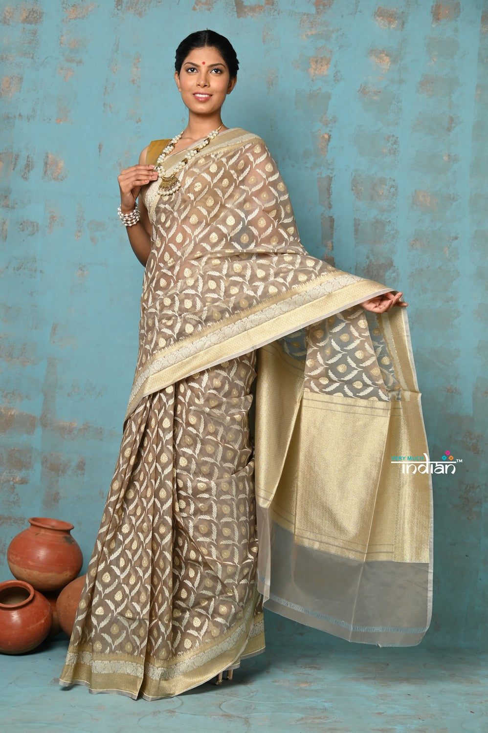 Very Much Indian Tejaswi - Exclusive High Quality Handloom Banarasi Cotton Saree with Beautiful Abstract Print- Warm Slate